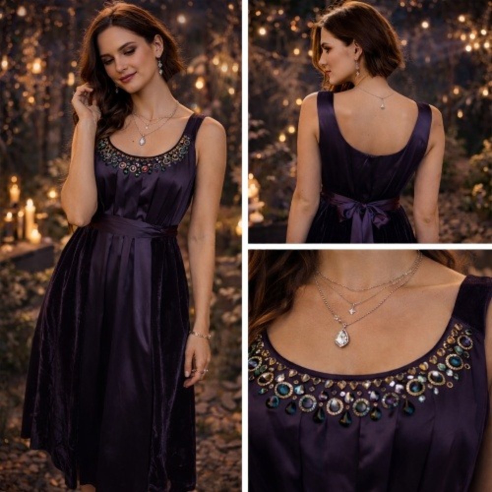 Vtg Plum Purple Velvet Burnout & Silk Tie Back Embellished Cocktail Dress M